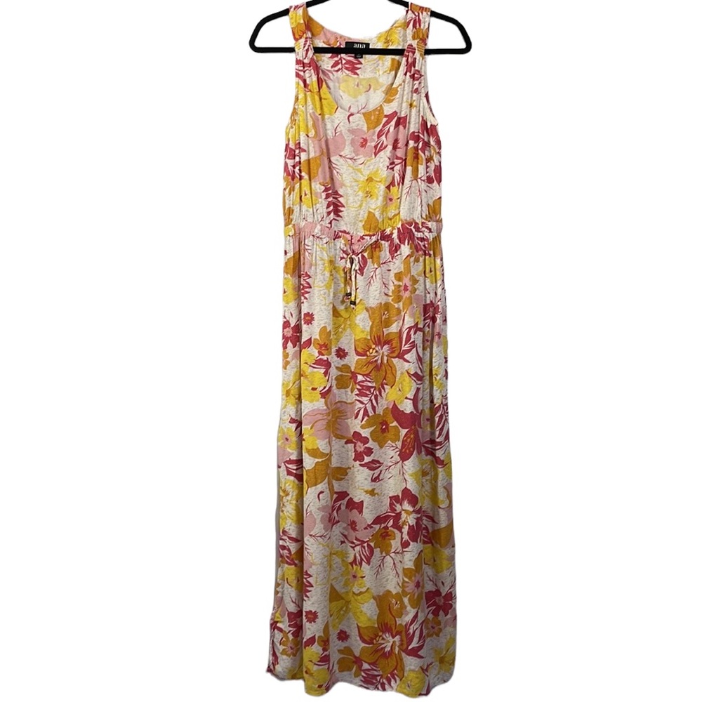 A.n.a. Tropical Floral Sleeveless Maxi Dress Elastic Drawstring Waist Medium